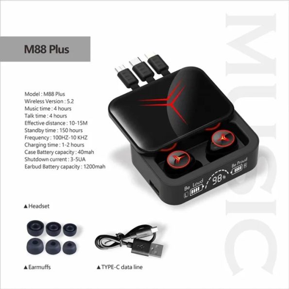 alt=''M88 Plus Wireless In-ear Gaming Headphones with LED Display''